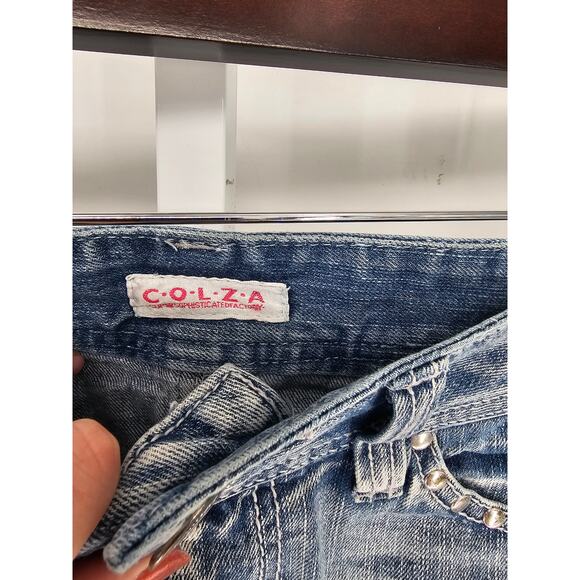 Vintage Y2K Colza Womens Sz M Blue Jean Mini Skirt Denim Studded Distressed - Picture 3 of 5